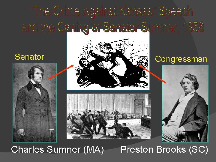 Senator Charles Sumner (MA) Congressman Preston Brooks (SC) 