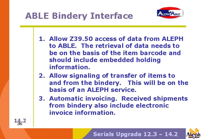 ABLE Bindery Interface 1. Allow Z 39. 50 access of data from ALEPH to