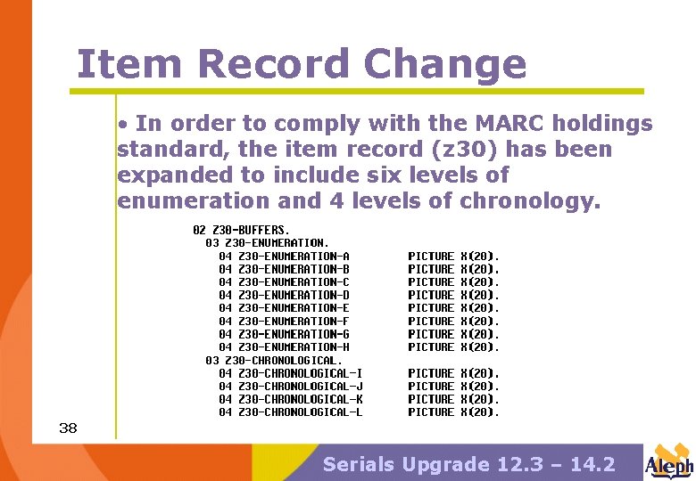 Item Record Change • In order to comply with the MARC holdings standard, the
