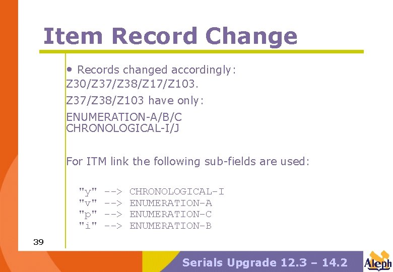 Item Record Change • Records changed accordingly: Z 30/Z 37/Z 38/Z 17/Z 103. Z