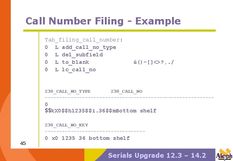 Call Number Filing - Example Tab_filing_call_number: 0 L add_call_no_type 0 L del_subfield 0 L