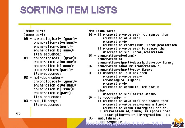 SORTING ITEM LISTS 52 Serials Upgrade 12. 3 – 14. 2 