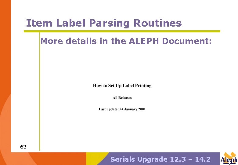 Item Label Parsing Routines More details in the ALEPH Document: 63 Serials Upgrade 12.
