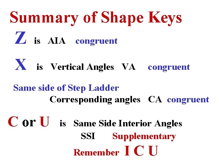Summary of Shape Keys Z is AIA X is Vertical Angles VA congruent Same