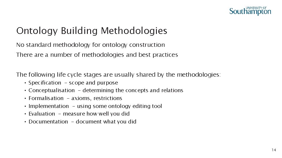 Ontology Building Methodologies No standard methodology for ontology construction There a number of methodologies