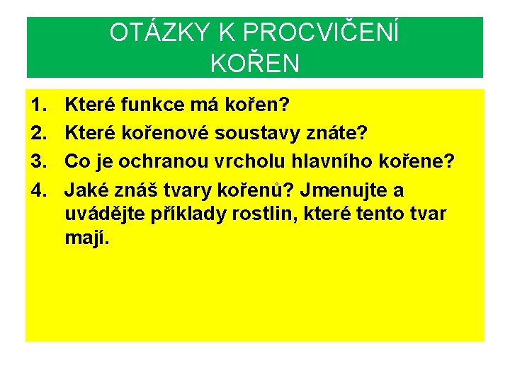 OTÁZKY K PROCVIČENÍ KOŘEN 1. 2. 3. 4. Které funkce má kořen? Které kořenové