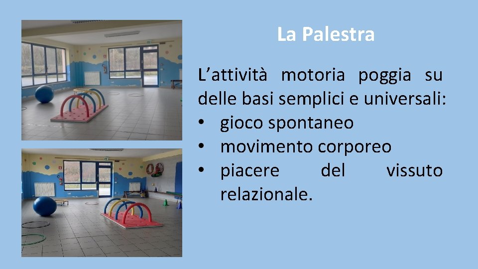 La Palestra L’attività motoria poggia su delle basi semplici e universali: • gioco spontaneo