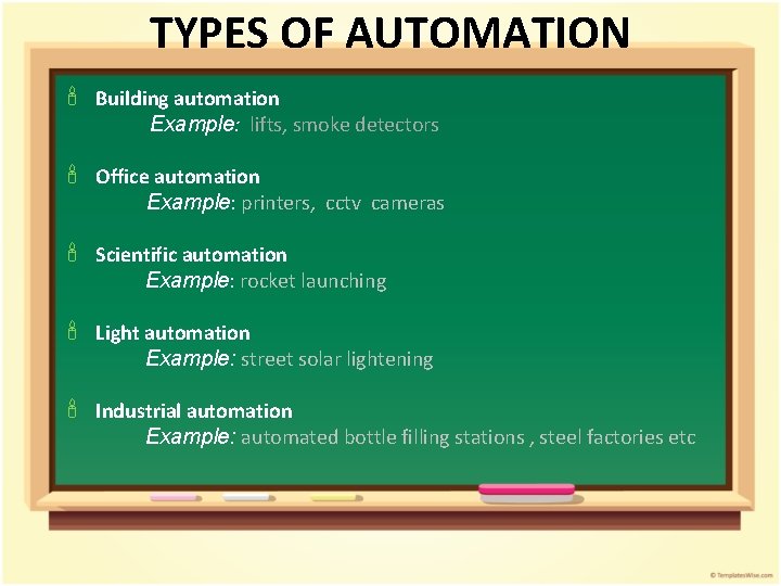 TYPES OF AUTOMATION Building automation Example: lifts, smoke detectors Office automation Example: printers, cctv TYPES OF AUTOMATION Building automation Example: lifts, smoke detectors Office automation Example: printers, cctv