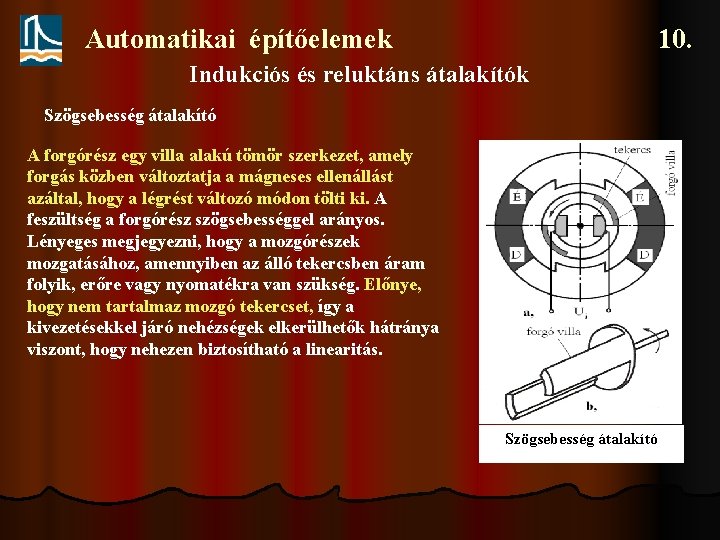 Automatikai építőelemek 10. Indukciós és reluktáns átalakítók Szögsebesség átalakító A forgórész egy villa alakú