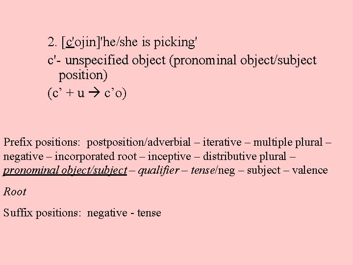 2. [c'ojin]'he/she is picking' c'- unspecified object (pronominal object/subject position) (c’ + u c’o)