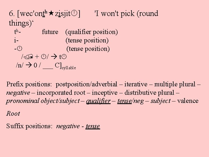 6. [wec'onth zisjit ] things)‘ 'I won't pick (round thfuture (qualifier position) i(tense position)