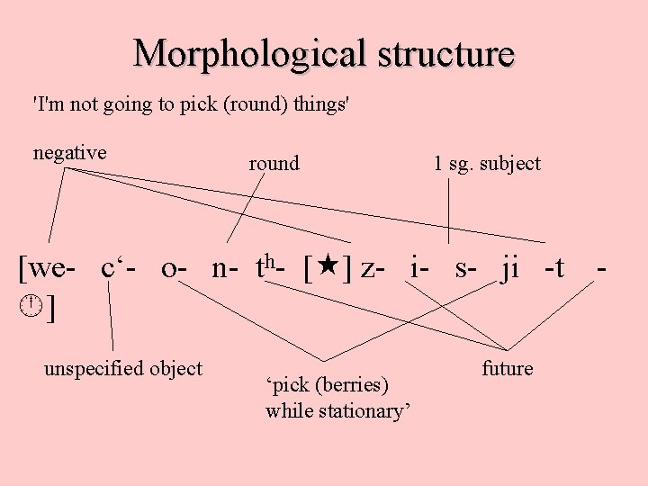 Morphological structure 'I'm not going to pick (round) things' negative round 1 sg. subject