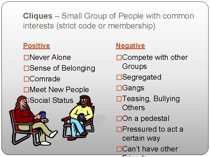 Cliques – Small Group of People with common interests (strict code or membership) Positive