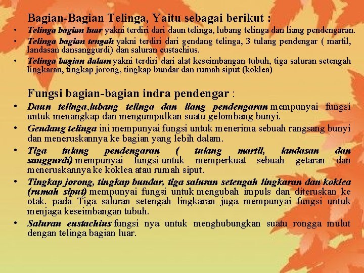 Bagian-Bagian Telinga, Yaitu sebagai berikut : • • • Telinga bagian luar yakni terdiri