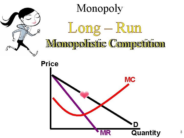 Monopoly Long – Run Monopolistic Competition Price MC MR D Quantity 8 