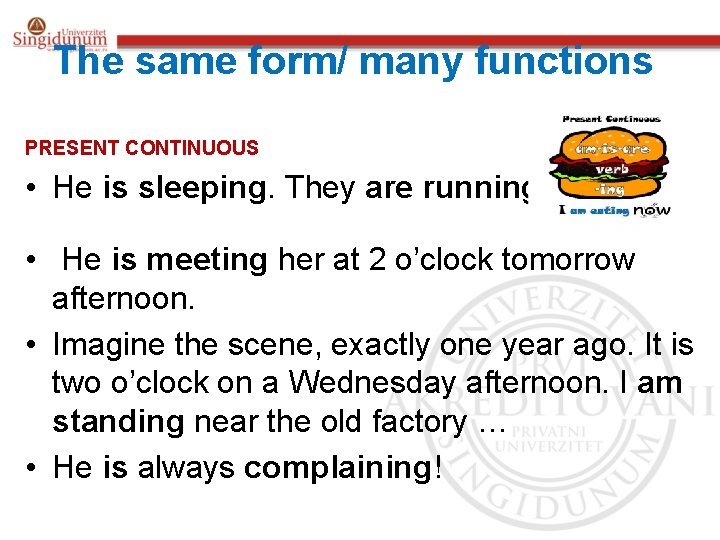 The same form/ many functions PRESENT CONTINUOUS • He is sleeping. They are running.