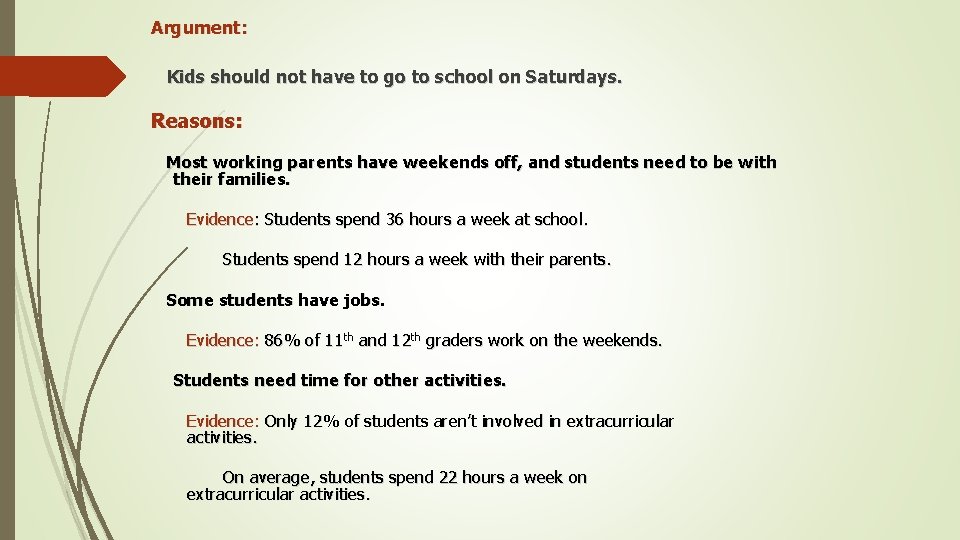 Argument: Kids should not have to go to school on Saturdays. Reasons: Most working