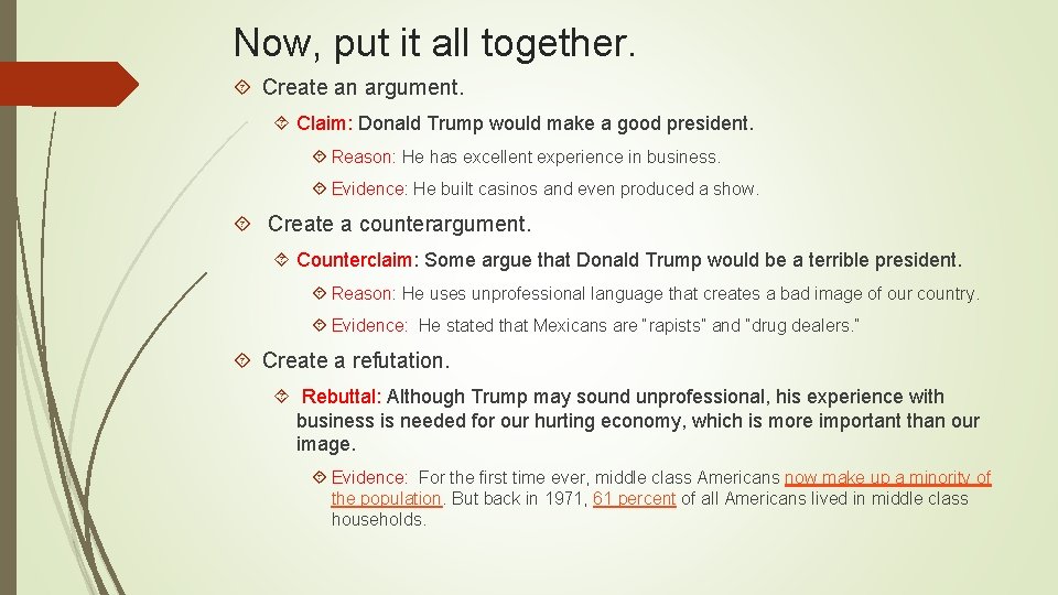 Now, put it all together. Create an argument. Claim: Donald Trump would make a