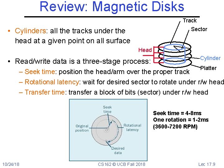 Review: Magnetic Disks Track Sector • Cylinders: all the tracks under the head at
