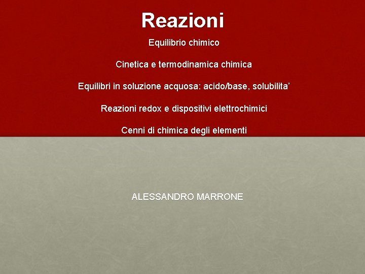 Reazioni Equilibrio chimico Cinetica e termodinamica chimica Equilibri in soluzione acquosa: acido/base, solubilita’ Reazioni