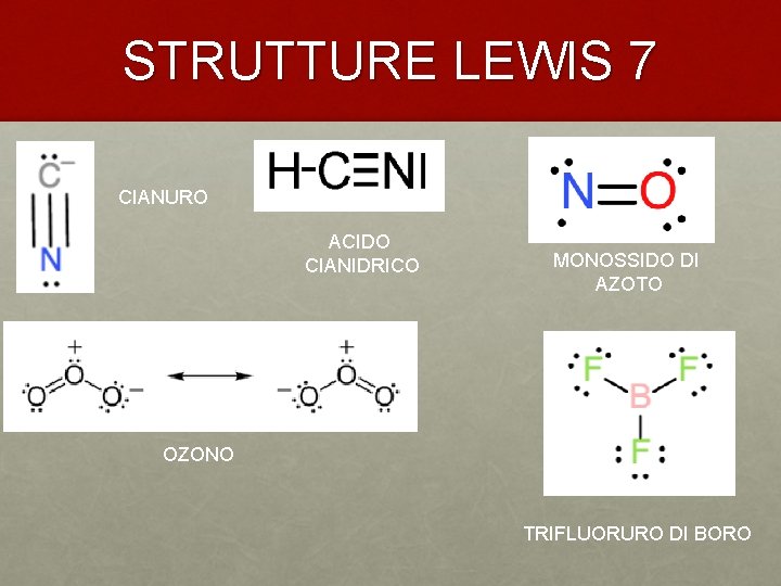 STRUTTURE LEWIS 7 CIANURO ACIDO CIANIDRICO MONOSSIDO DI AZOTO OZONO TRIFLUORURO DI BORO 