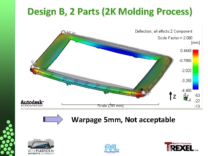 Design B, 2 Parts (2 K Molding Process) Warpage 5 mm, Not acceptable 