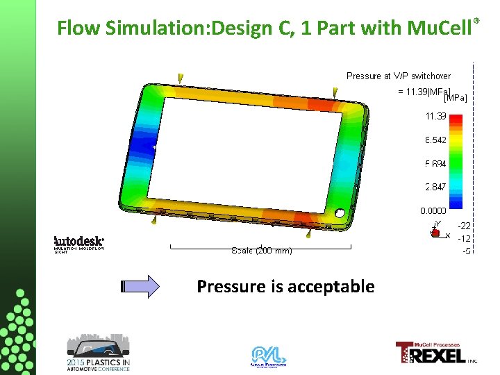 Flow Simulation: Design C, 1 Part with Mu. Cell® Pressure is acceptable 