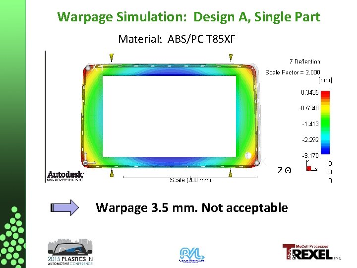 Warpage Simulation: Design A, Single Part Material: ABS/PC T 85 XF Warpage 3. 5