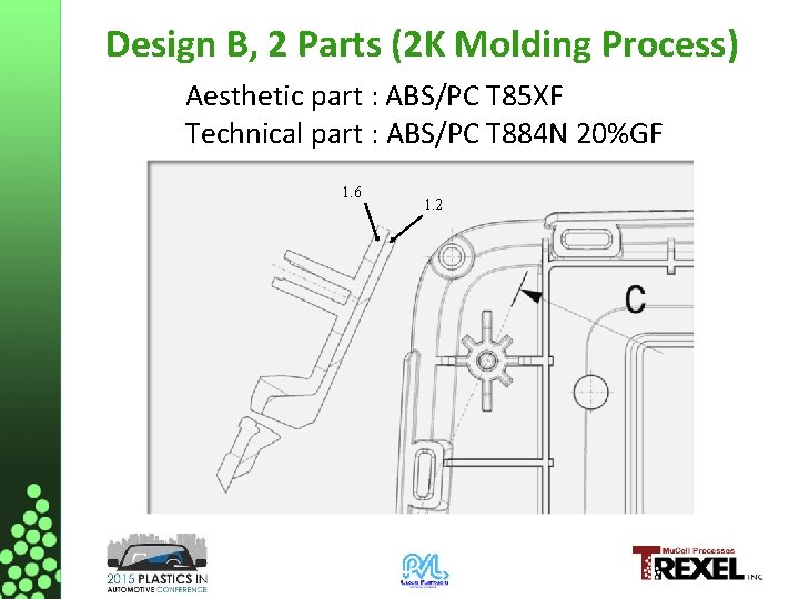 Design B, 2 Parts (2 K Molding Process) Aesthetic part : ABS/PC T 85 Design B, 2 Parts (2 K Molding Process) Aesthetic part : ABS/PC T 85