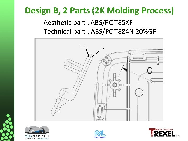 Design B, 2 Parts (2 K Molding Process) Aesthetic part : ABS/PC T 85