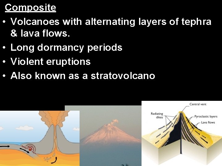 Composite • Volcanoes with alternating layers of tephra & lava flows. • Long dormancy Composite • Volcanoes with alternating layers of tephra & lava flows. • Long dormancy