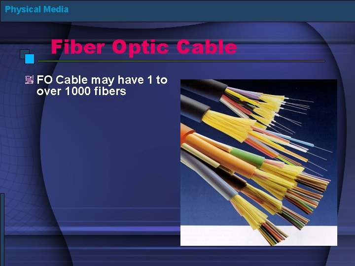 Physical Media Fiber Optic Cable FO Cable may have 1 to over 1000 fibers