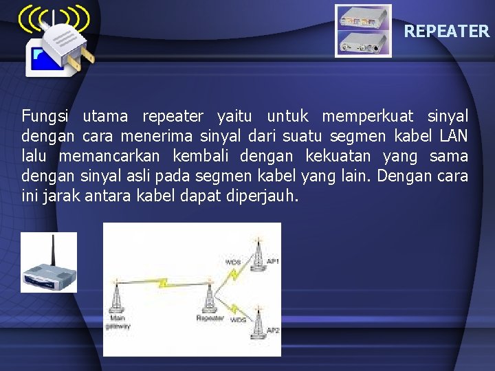 REPEATER Fungsi utama repeater yaitu untuk memperkuat sinyal dengan cara menerima sinyal dari suatu