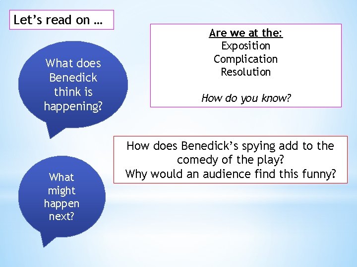 Let’s read on … What does Benedick think is happening? What might happen next? Let’s read on … What does Benedick think is happening? What might happen next?