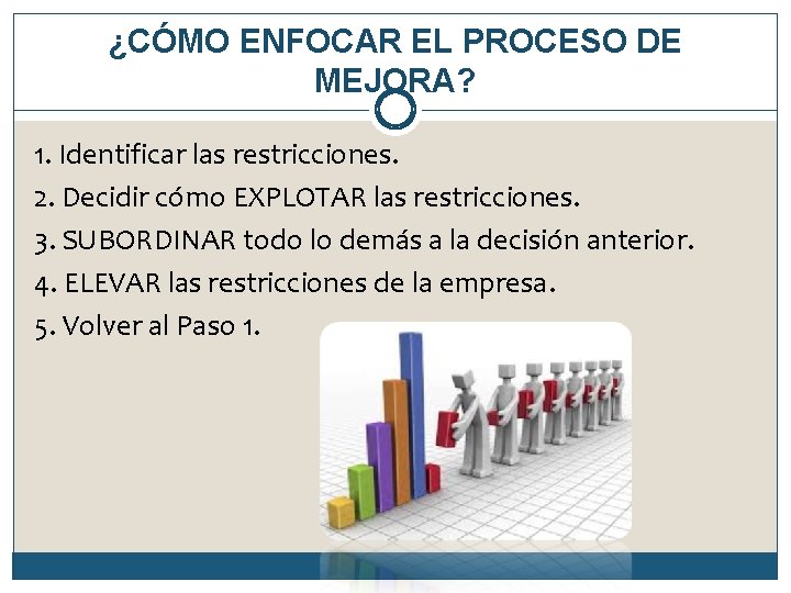 ¿CÓMO ENFOCAR EL PROCESO DE MEJORA? 1. Identificar las restricciones. 2. Decidir cómo EXPLOTAR