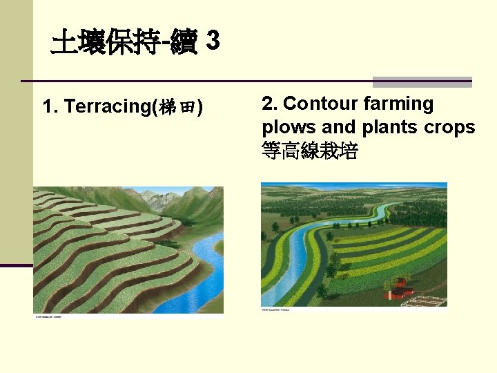 土壤保持-續 3 1. Terracing(梯田) 2. Contour farming plows and plants crops 等高線栽培 