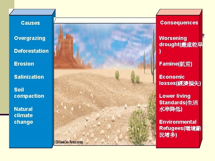 Causes Overgrazing Consequences Deforestation Worsening drought(嚴重乾旱 ) Erosion Famine(飢荒) Salinization Economic losses(經濟損失) Soil compaction