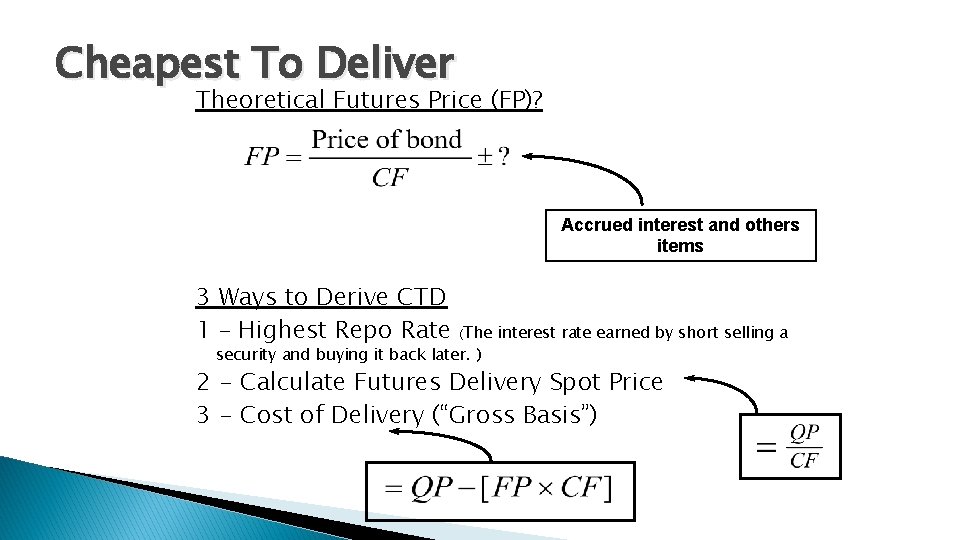 Cheapest To Deliver Theoretical Futures Price (FP)? Accrued interest and others items 3 Ways