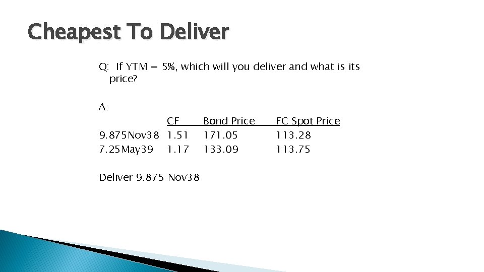 Cheapest To Deliver Q: If YTM = 5%, which will you deliver and what