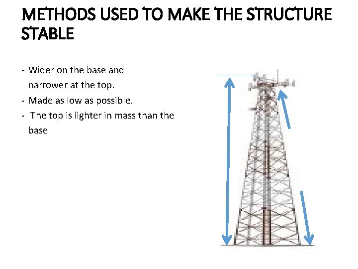 METHODS USED TO MAKE THE STRUCTURE STABLE - Wider on the base and narrower