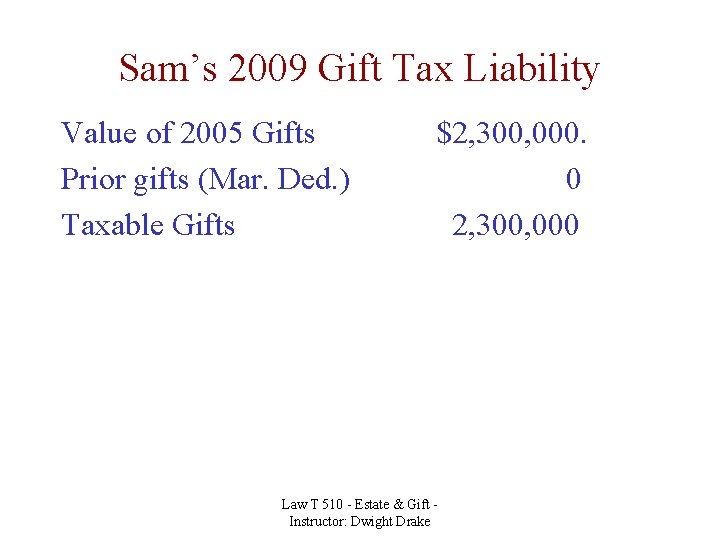 Sam’s 2009 Gift Tax Liability Value of 2005 Gifts Prior gifts (Mar. Ded. )