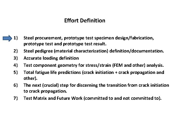 Effort Definition 1) 2) 3) 4) 5) 6) 7) Steel procurement, prototype test specimen