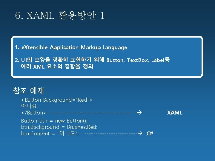 6. XAML 활용방안 1 1. e. Xtensible Application Markup Language 2. UI의 모양을 정확히