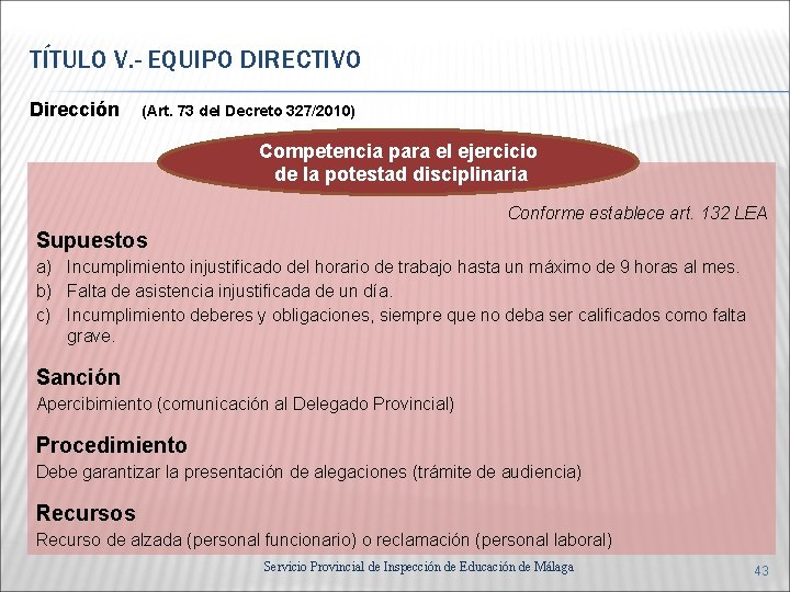 TÍTULO V. - EQUIPO DIRECTIVO Dirección (Art. 73 del Decreto 327/2010) Competencia para el