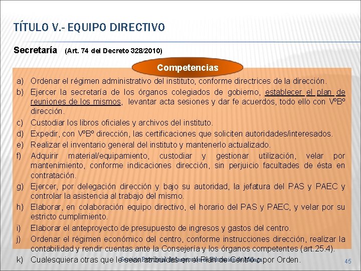 TÍTULO V. - EQUIPO DIRECTIVO Secretaría (Art. 74 del Decreto 328/2010) Competencias a) Ordenar