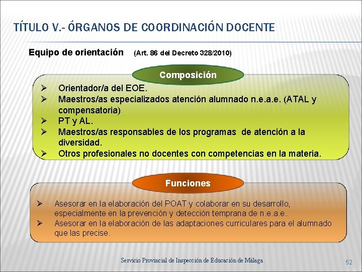 TÍTULO V. - ÓRGANOS DE COORDINACIÓN DOCENTE Equipo de orientación (Art. 86 del Decreto