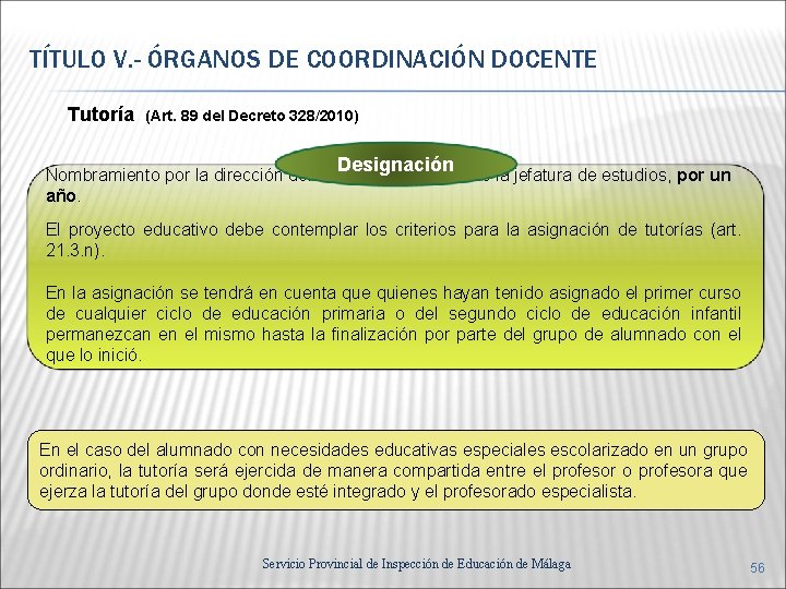 TÍTULO V. - ÓRGANOS DE COORDINACIÓN DOCENTE Tutoría (Art. 89 del Decreto 328/2010) Designación