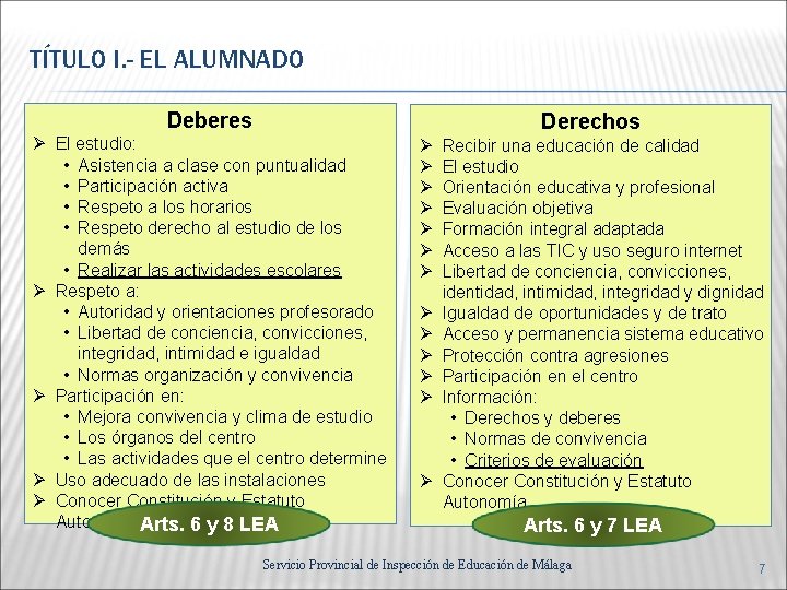 TÍTULO I. - EL ALUMNADO Deberes Ø El estudio: • Asistencia a clase con