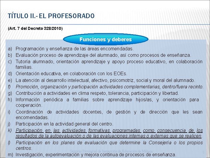 TÍTULO II. - EL PROFESORADO (Art. 7 del Decreto 328/2010) Funciones y deberes a)
