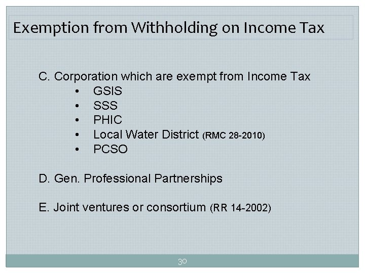Exemption from Withholding on Income Tax C. Corporation which are exempt from Income Tax